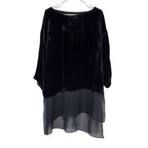 EILEEN FISHER Velvet Sheer Silk Chiffon Hem Tunic Layered Boat Neck Top - Large